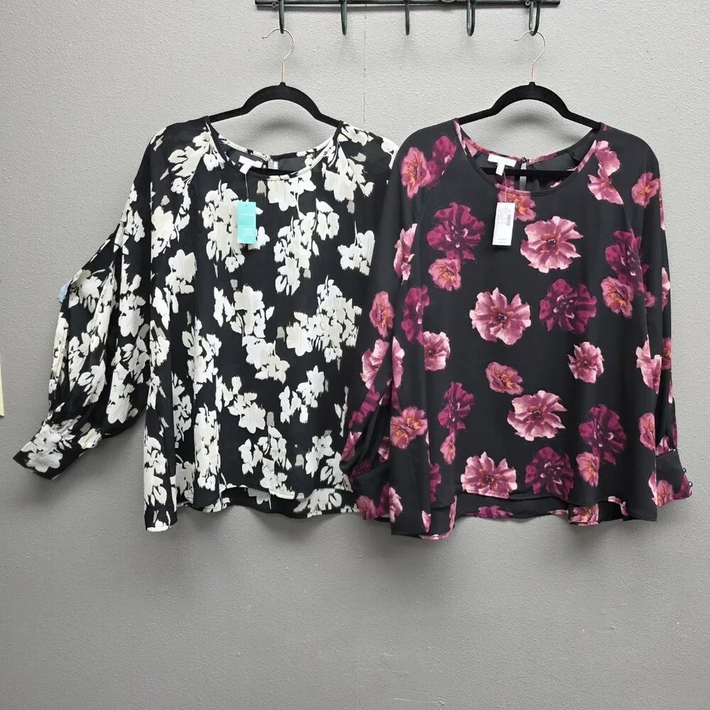 Maurices Blouse Lot 2 Womens XXL Black Floral Long Sleeve Plus Size Top Print - Picture 1 of 15